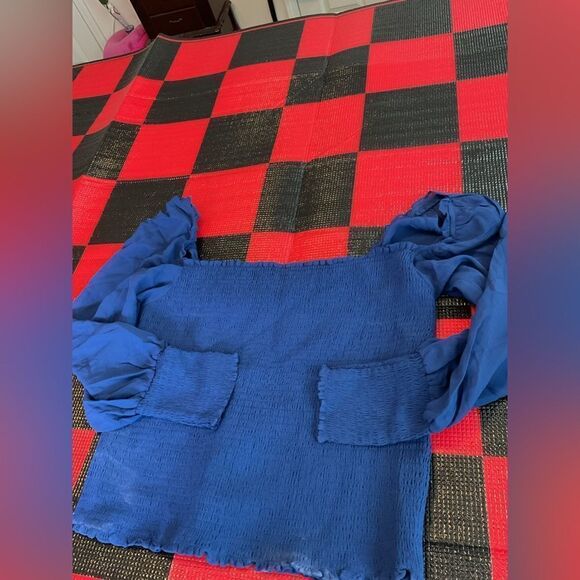 Reformation Pinto Caspian Blue Smocked Square Neck Long Sleeve Top Size 3X - Picture 4 of 4